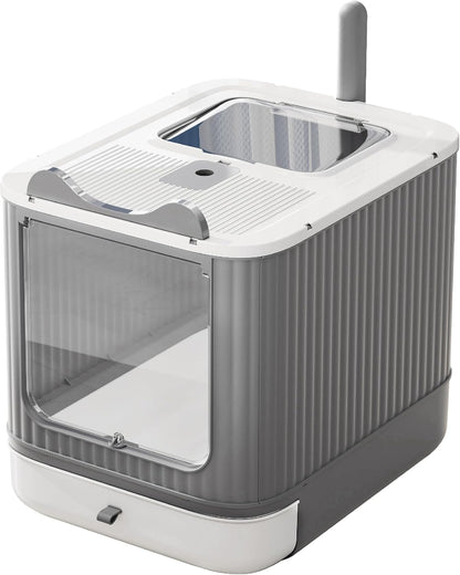 Upgraded Enclosed Cat Litter Box with Lid & Drawer – Splash-Proof, Easy-Clean Covered Kitty Toilet for Kittens & Adult Cats | Multi-Entry, Odor Control, White & Grey