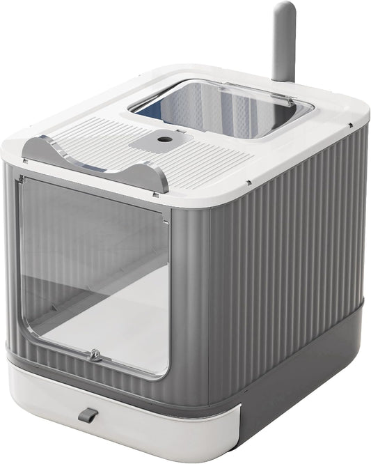 Upgraded Enclosed Cat Litter Box with Lid & Drawer – Splash-Proof, Easy-Clean Covered Kitty Toilet for Kittens & Adult Cats | Multi-Entry, Odor Control, White & Grey