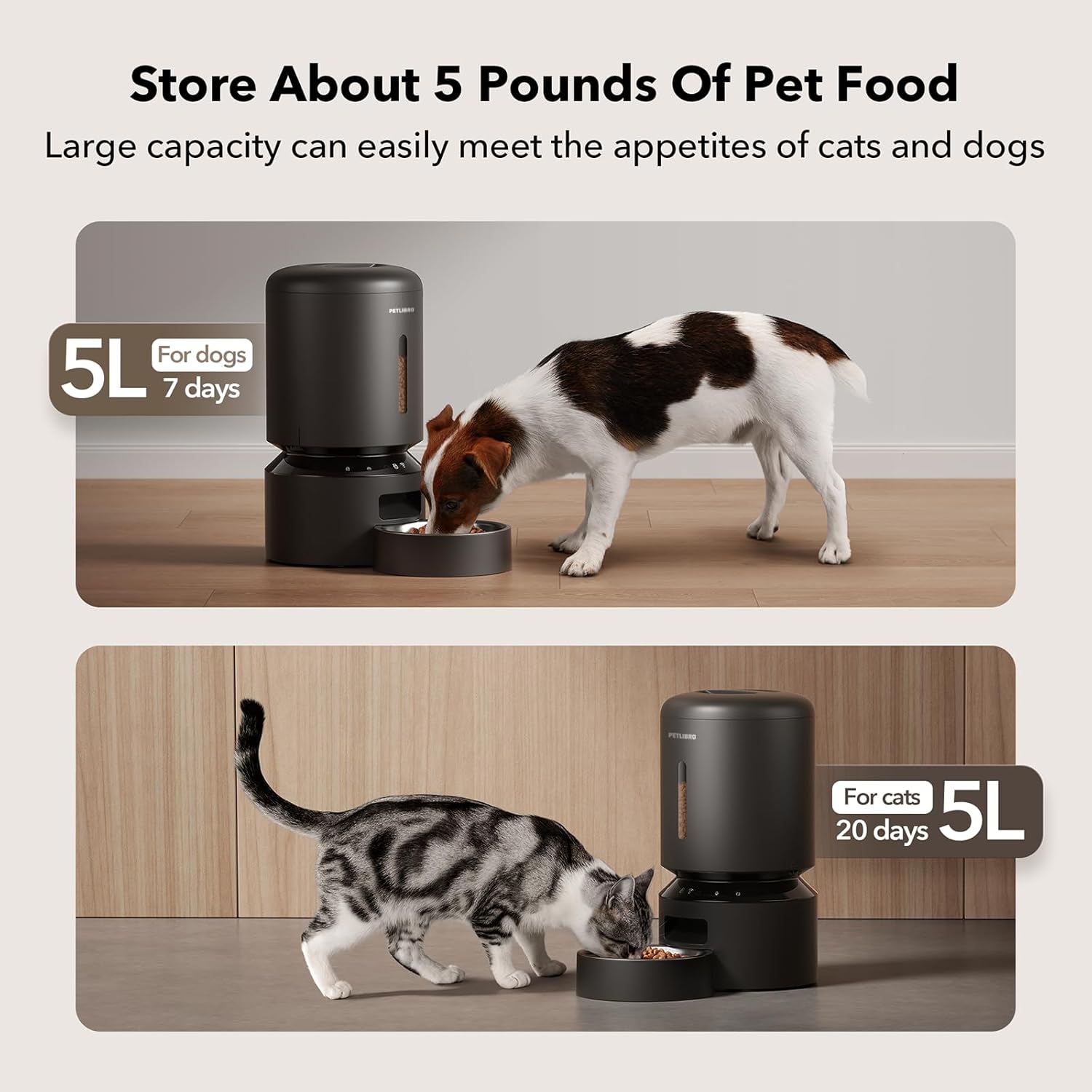 PETLIBRO 5 G WiFi Automatic Cat & Dog Feeder – 5 L Freshness‑Seal Hopper, Low‑Food & Blockage Sensor, Up to 10 Meals/Day, App‑Controlled, Backup Power (Black)