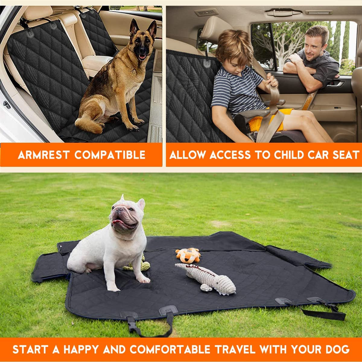 Waterproof Dog Car Seat Cover – Non-Slip Back Seat Protector for Cars, SUVs & Trucks – Durable Pet Bench Cover with Middle Armrest Fit – Black